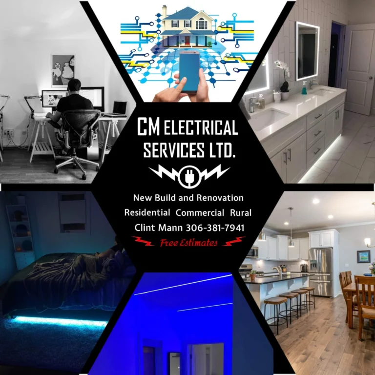 An image collage of lighting CM has installed with their contact details in the center